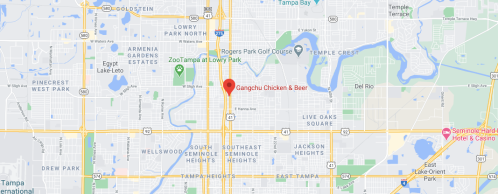 Map showing the location of Ganghu Chicken & Beer in Tampa, Florida, near various parks and neighborhoods.
