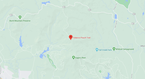 Map showing the location of Tobacco Pouch Trail, surrounded by natural features and nearby landmarks.