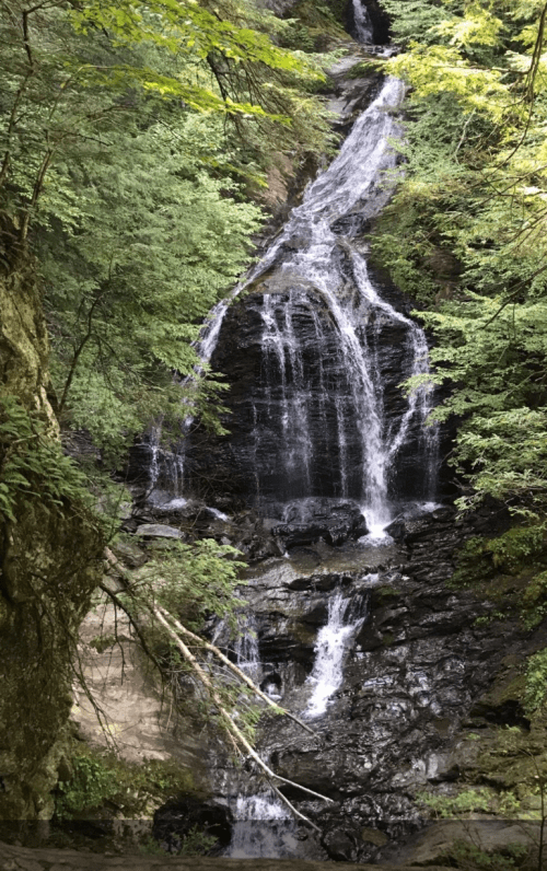 A cascading waterfall surrounded by lush green trees and rocky terrain.