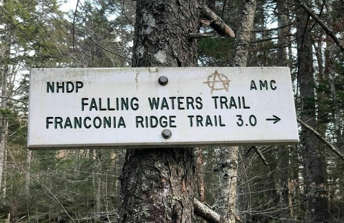 Wooden trail sign indicating "Falling Waters Trail" and "Franconia Ridge Trail 3.0" in a forested area.