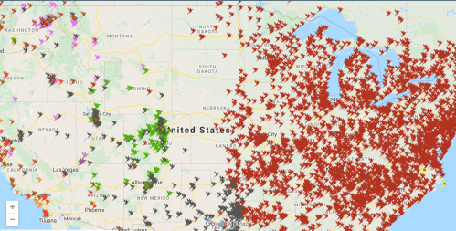 Map of the United States with various colored arrows indicating different flight paths or locations.