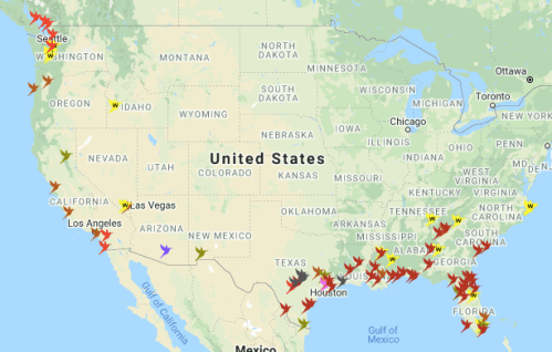 Map of the United States showing various airplane icons in different colors, indicating flight paths or locations.
