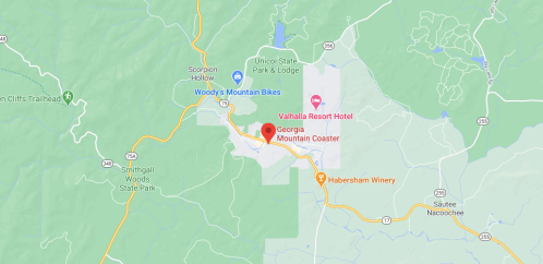 Map showing the location of Georgia Mountain Coaster, Valhalla Resort Hotel, and nearby attractions in the area.