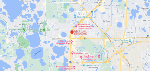 Map of Orlando, highlighting hotels and attractions near Universal Orlando Resort and International Drive.