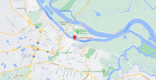 Map showing the location of the Gracie Lee Museum in Savannah, Georgia, near the Savannah River and Forsyth Park.