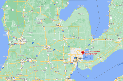 Map of Michigan highlighting Detroit and the location of "Mikes on the Water" restaurant.