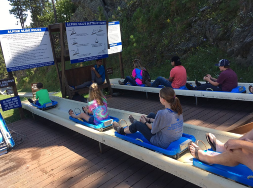 A group of people sitting on sleds at an alpine slide, with instructions and rules displayed nearby.