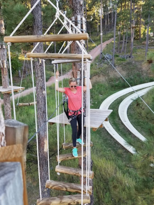 A person in a pink shirt navigates a rope course among trees, wearing safety gear and sunglasses.
