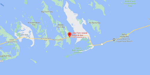 Map showing Little Palm Island Resort & Spa, surrounded by water and nearby keys in the Florida Keys region.
