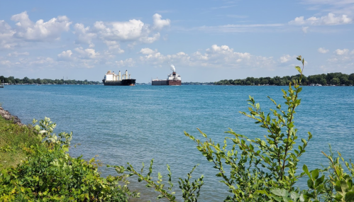 Two large ships on a calm blue river, with green foliage in the foreground and a partly cloudy sky above.