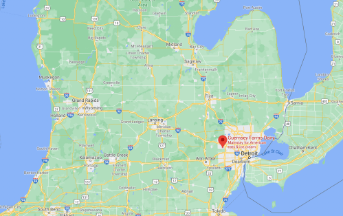 Map showing Michigan with a highlighted location for Guernsey Farms Dairy near Detroit.