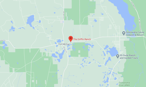 Map showing the location of The Griffin Ranch in Fort McCoy, surrounded by green areas and water bodies.