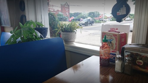 A cozy diner table with a plant, condiments, and a view of the street outside through a window.
