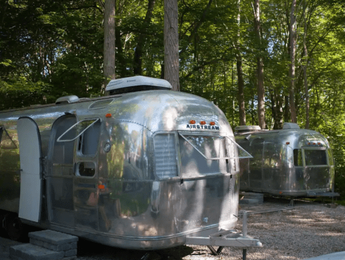 Two shiny Airstream trailers parked in a wooded area, surrounded by trees and gravel.
