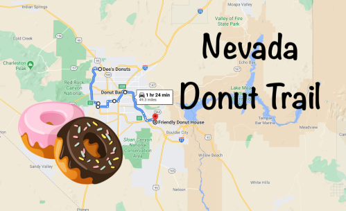 Map of Nevada highlighting the Donut Trail with donut illustrations and travel time to Friendly Donut House.