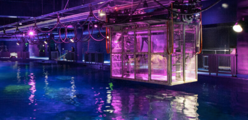 A suspended glass enclosure above a brightly lit pool, surrounded by purple and blue lighting.