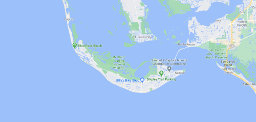 Map showing Sanibel and Captiva Islands, highlighting Blind Pass Beach, J.N. "Ding" Darling National Wildlife Refuge, and local businesses.