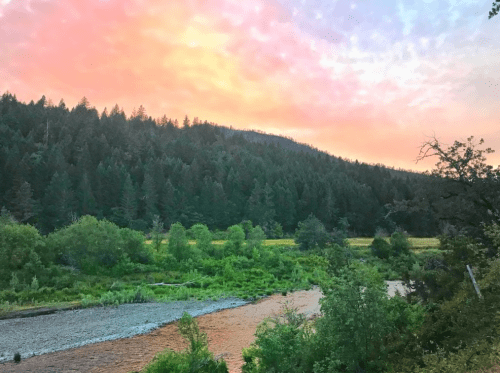 A serene river flows through a lush green landscape, framed by trees under a colorful sunset sky.