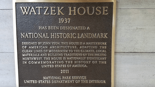 Plaque for Watzek House, a National Historic Landmark, highlighting its architectural significance and history.