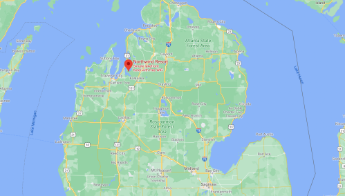 Map showing Northland Resort near Traverse City, Michigan, with nearby landmarks and roads highlighted.