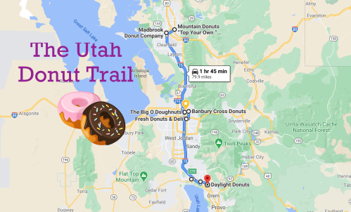 Map of the Utah Donut Trail, highlighting donut shops and routes, with a playful donut graphic.