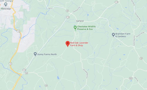 Map showing the location of Red Oak Lavender Farm & Shop near Garland, Georgia, with nearby landmarks and roads.
