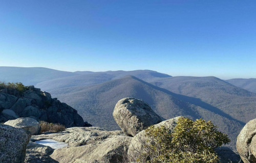 A panoramic view of rolling mountains under a clear blue sky, with large boulders in the foreground.