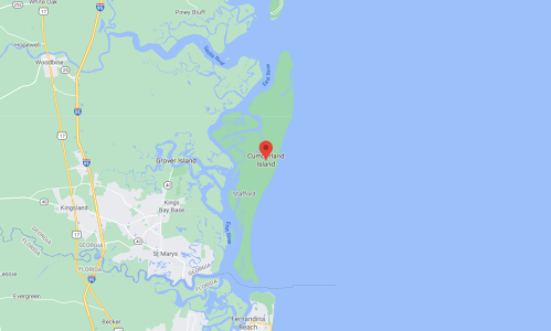 Map showing the location of Cumberland Island, Georgia, near the coast and surrounded by waterways.