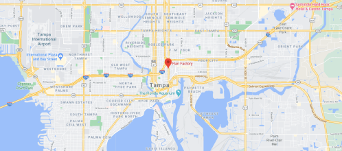 Map of Tampa, Florida, highlighting the location of the Plan Factory near the waterfront and major roads.