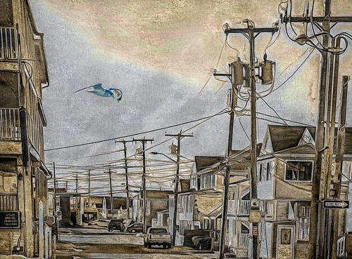 A textured street scene with power lines, buildings, and a bird flying in a cloudy sky.