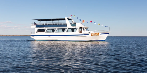 A white boat with blue accents and flags sails on calm water under a clear sky.