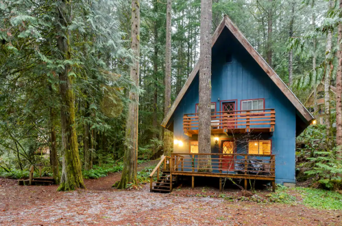A blue A-frame cabin nestled among tall trees in a lush forest setting.