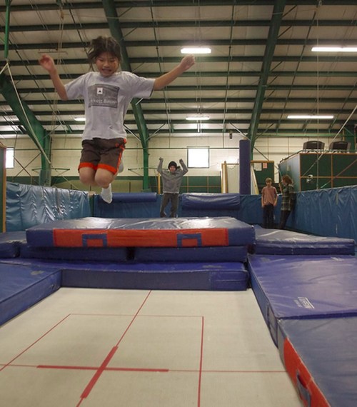 A child jumps on a trampoline in a gym, with others playing in the background. Bright, spacious indoor setting.