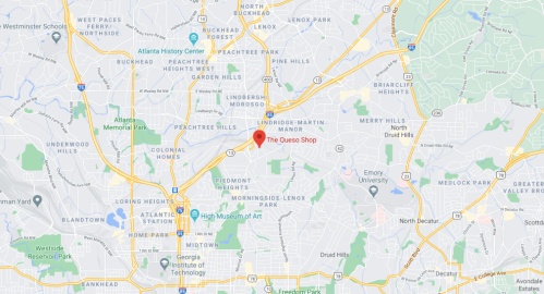 Map showing the location of The Queso Shop in Atlanta, Georgia, near major roads and landmarks.