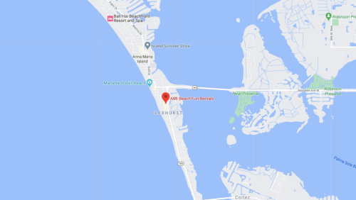 Map showing Anna Maria Island with a marker for AM Beach Fun Rentals near the beach and surrounding waterways.