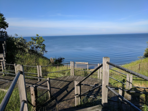 A wooden pathway leads down to a calm blue ocean under a clear sky, surrounded by greenery.