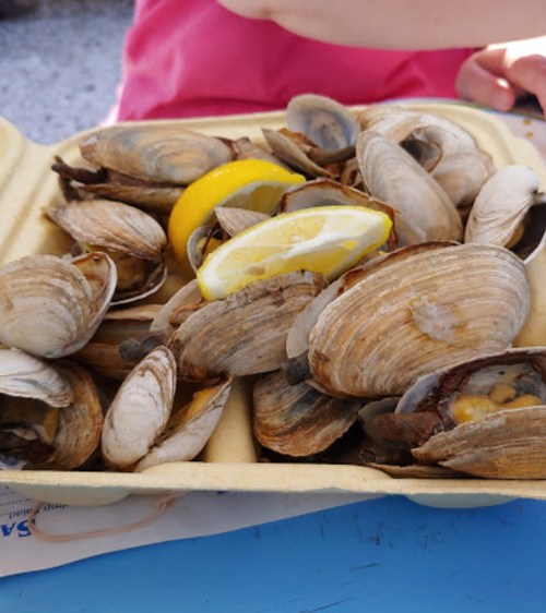 A tray of clams with a slice of lemon on top, resting on a blue table.