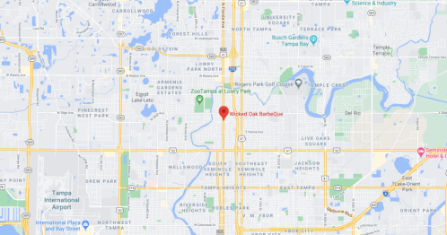 Map showing the location of Wicked Oak BarbeQue in Tampa, Florida, near major roads and landmarks.