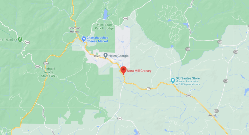 Map showing the location of Nora Mill Granary near Helen, Georgia, with surrounding parks and landmarks.