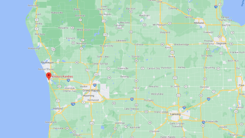 Map showing the location of Kissy's Kandles near the western coast of Michigan, south of Muskegon.