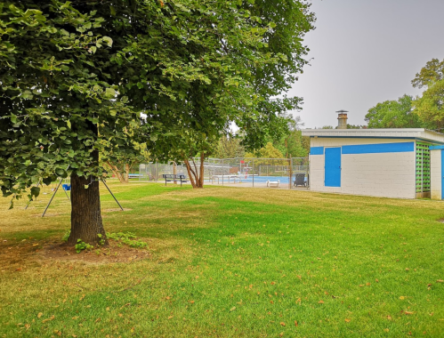 A grassy area with a tree, a playground swing, and a pool building in the background.