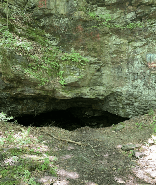A rocky cave entrance surrounded by greenery and trees, with a dirt path leading to it.