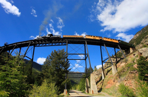 A steam train crosses a high trestle bridge surrounded by trees and mountains under a blue sky with clouds.