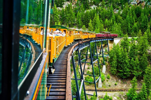 A colorful train winds through a lush green forest on a curved trestle bridge.