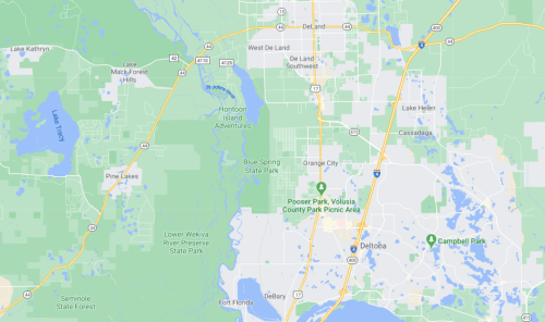 Map showing the area around Blue Spring State Park and nearby parks in Volusia County, Florida.