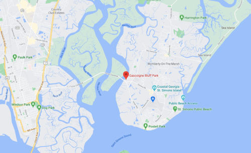 Map showing Gascoigne Bluff Park and surrounding areas, including nearby islands and public beach access points.