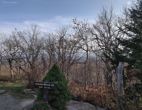 A trail sign for Marion Davis Trail, surrounded by bare trees and a scenic view of distant mountains under a cloudy sky.
