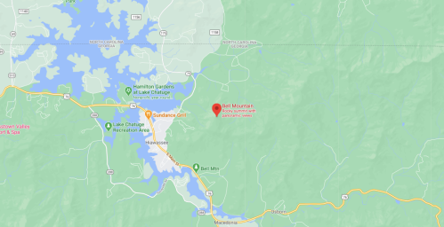 Map showing Bell Mountain in Georgia, highlighting its location and nearby attractions like Lake Chatuge and Hamilton Gardens.