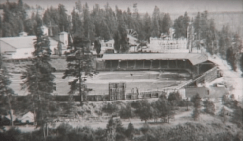 Aerial view of an old baseball field surrounded by trees and buildings, with a ferris wheel in the background.