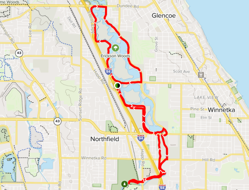Map showing a winding red route through Glencoe, Northfield, and surrounding areas, with parks and roads marked.